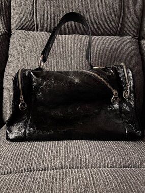 Black Patent Leather Shoulder Bag with Silver Hardware